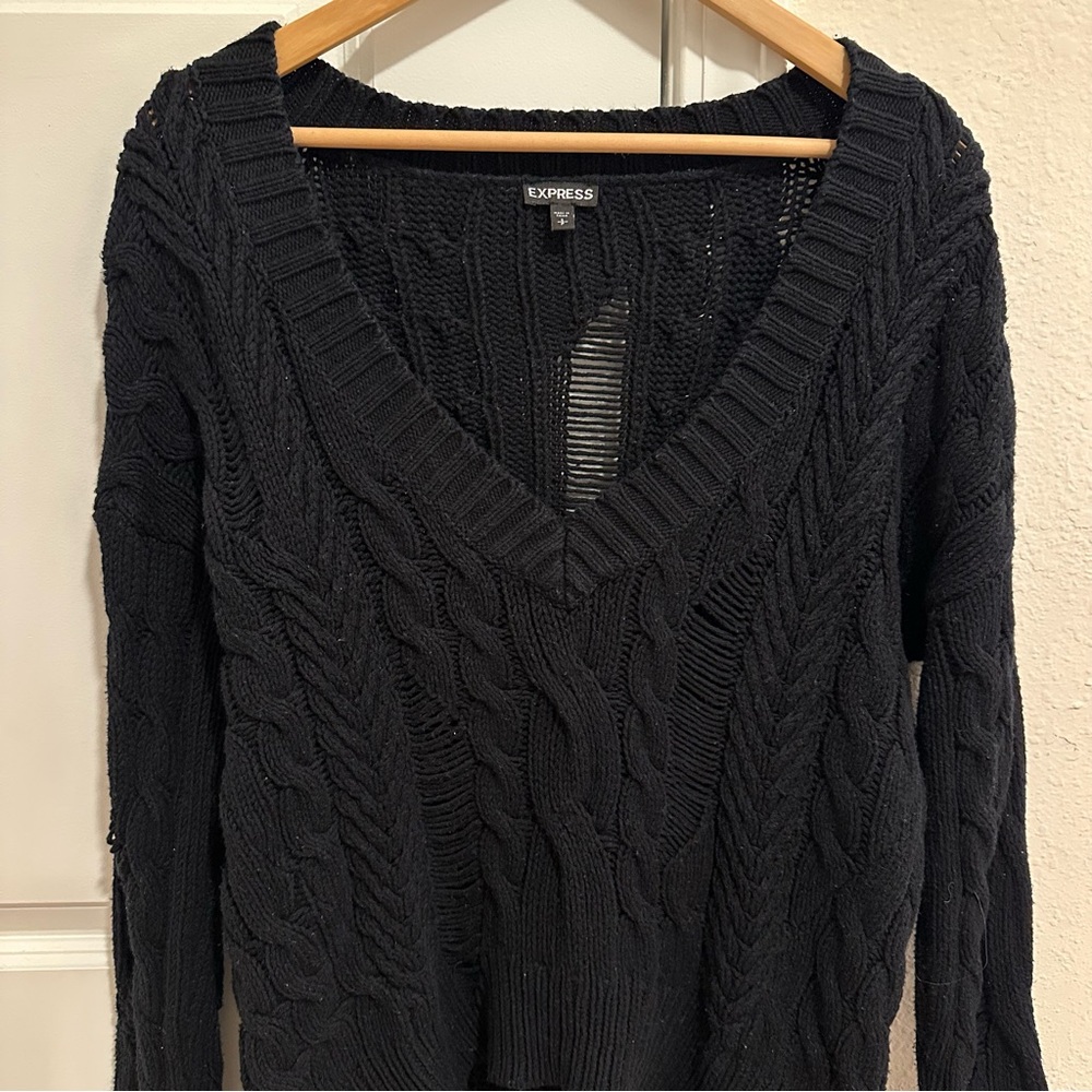 Express Black Ripped V-Neck Oversized Sweater Size S - Picture 2 of 8